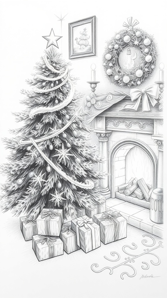 Pencil drawing of a Christmas tree with decorations and a fireplace.
